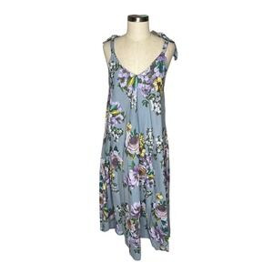 TEMPO PARIS Floral Midi Dress Tie Shoulder V Neck Blue Linen Blend M/L NWT Boho